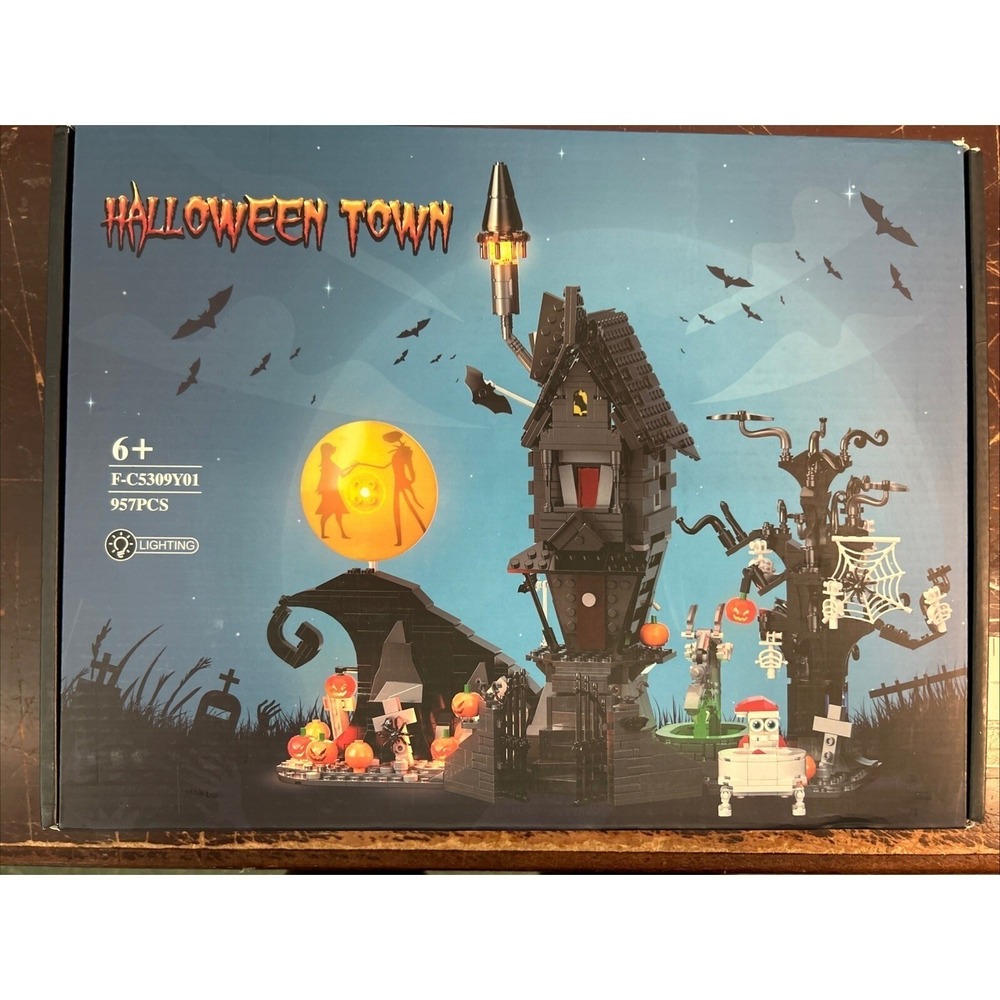 MillionSpring Halloween Town Building Block Set 957pc Light Up Spooky Gothic Toy